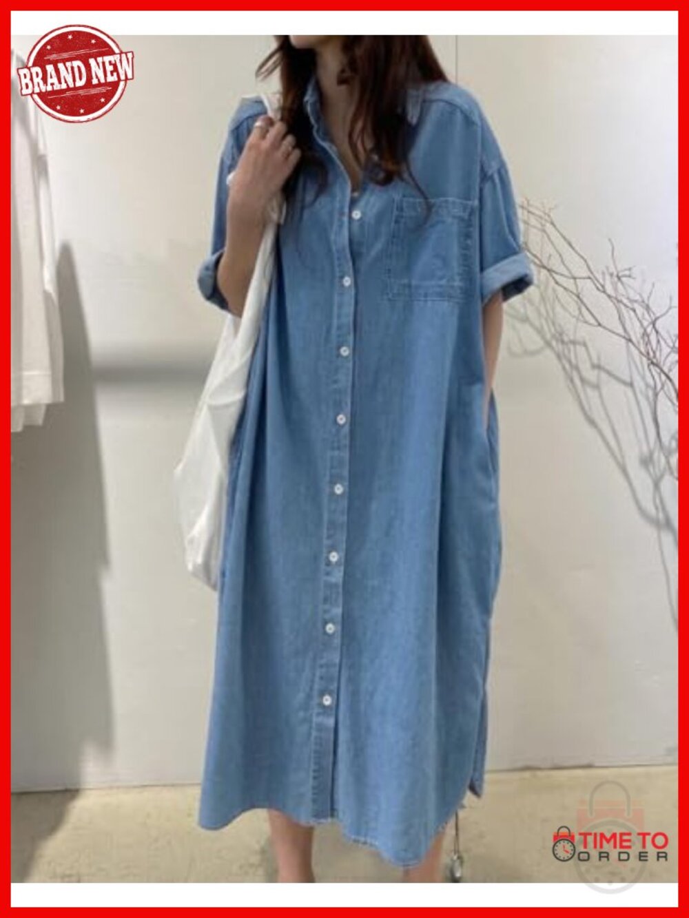 Women's Casual Short Sleeve Long Denim Shirt Dress Button Down Loose Fit Midi - Picture 5 of 5